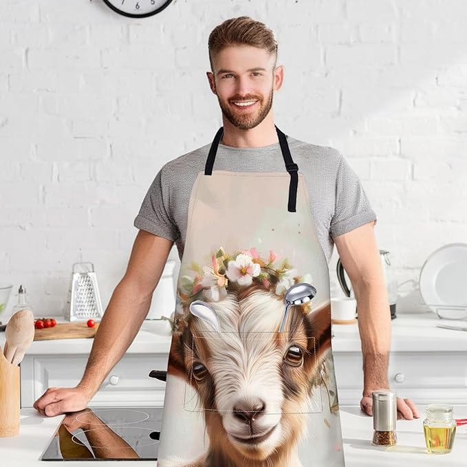 Cute Goat Apron with Adjustable Neck Strap,Artistic Floral Crown Kitchen Aprons with 2 Pockets for Women,28x33in,Oxford Fabric,Gifts for Wife Mom,For Chef Cooking Baking Gardening BBQ