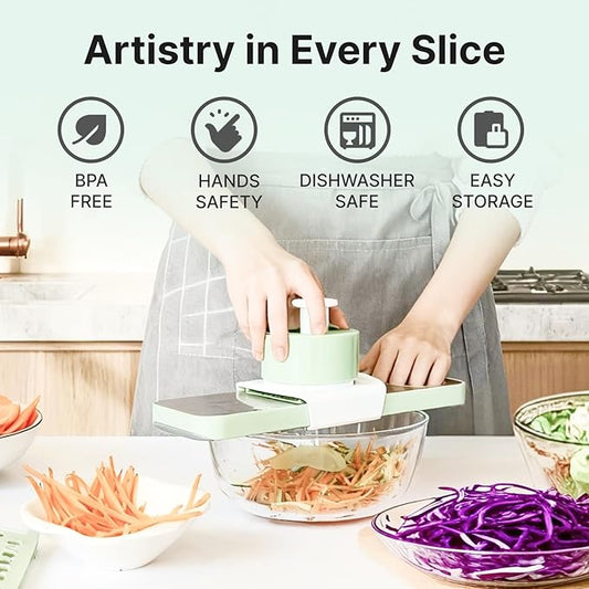Stainless Steel Mandoline Slicer for Kitchen, 6-in-1 Vegetable Slicer with 360° Full-Cover Safety Guard, Adjustable Food Cutter for Potato, Carrot & Salad Prep, Space-Saving Design (Mint Green)