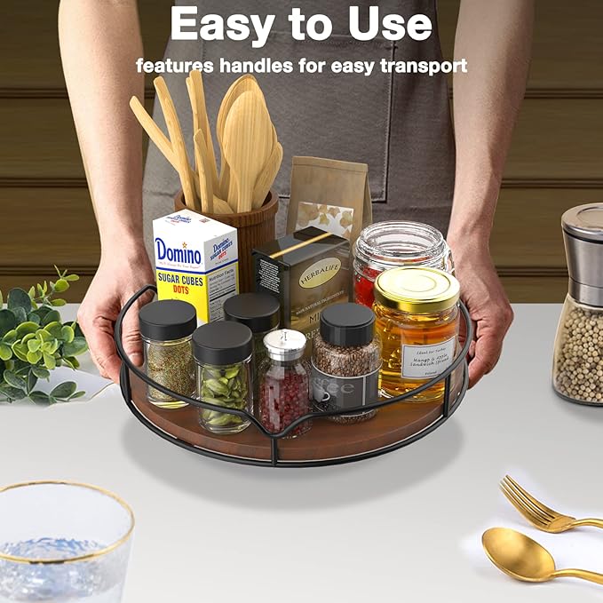 Lazy Susan Turntable Organizer for Cabinet Pantry Kitchen Countertop Refrigerator Cupboard, Pine Wood, 9", Brown