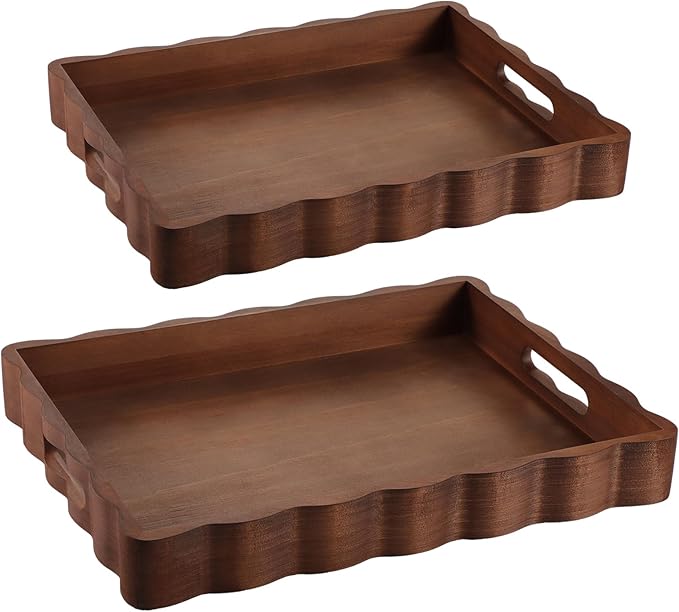 Novabright 2 Pack Solid Scalloped Wood Serving Trays with Handle, 2 Size Rectangular Wavy Edge Decorative Tray Rustic Wooden Food Tray for Breakfast Coffee Table Kitchen Living Room Entryway Decor