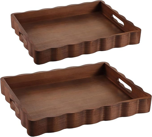 Novabright 2 Pack Solid Scalloped Wood Serving Trays with Handle, 2 Size Rectangular Wavy Edge Decorative Tray Rustic Wooden Food Tray for Breakfast Coffee Table Kitchen Living Room Entryway Decor