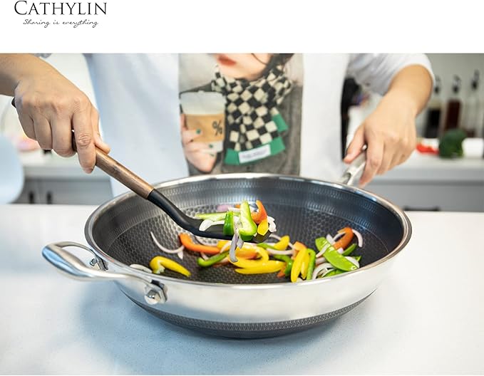 CATHYLIN 13'' 316L Stainless Steel Stir-fry Wok with Lid,Non Stick Skillet with Stay-cool Handle PFOA Free Suitable for Induction, Ceramic, Electric, and Gas Cooktops