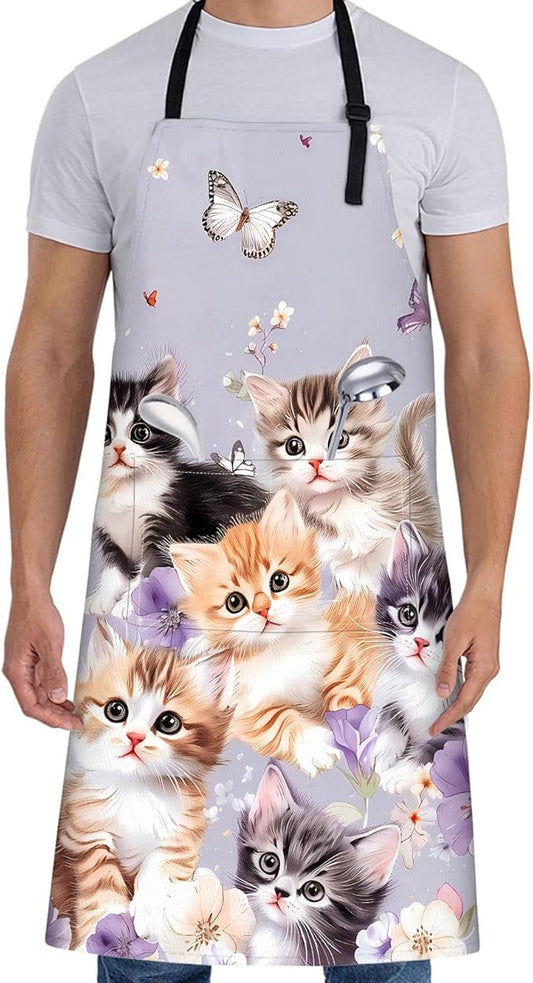 Cute Cat Apron for Women with Butterfly,28x33in,Kitten Animal Kitchen Aprons with 2 Pockets,Oxford Fabric,Playful Adjustable Apron for Cooking Baking Gardening Chef,Gifts for Mom Wife