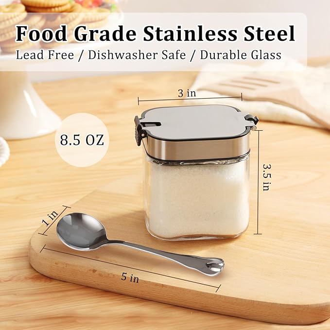Aelga Glass Sugar Bowl with Lid and Spoon, 8.5 OZ Sugar Container Stainless Steels Flip Lid, Salt Container for Kitchen, Coffer Bar Accessories, Countertop