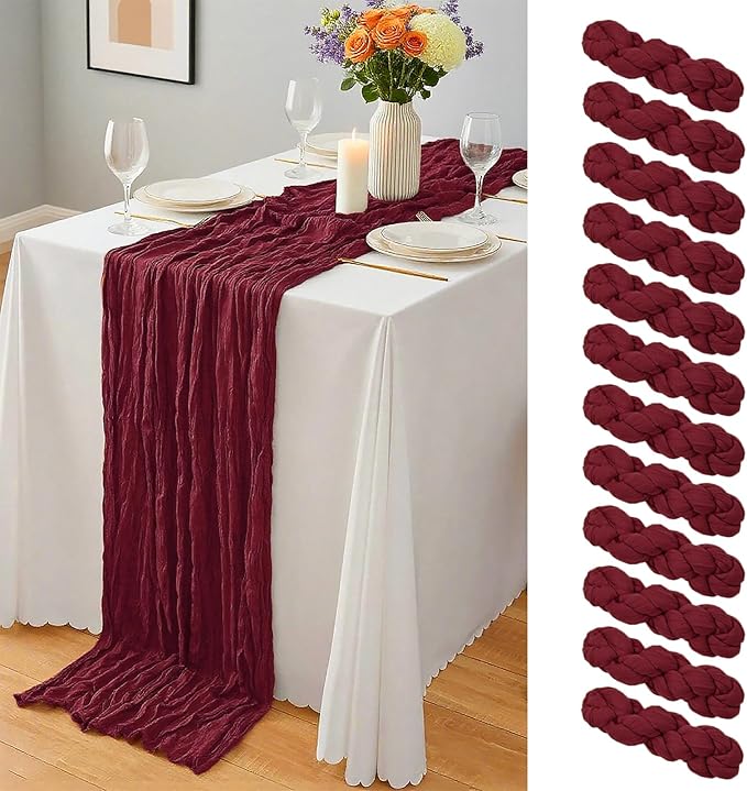 12 Pcs Burgundy Christmas Cheesecloth Table Runner 10Ft, Gauze Table Runners 21.5 x 120 inch,Semi Sheer Cheese Cloth Fabric Runner Bulk for Wedding,Party,Baby Shower,Bridal Shower