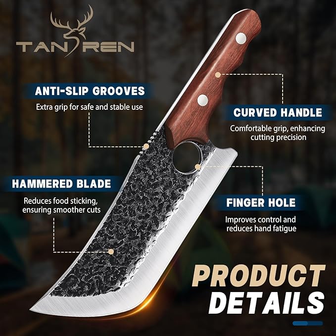 TAN REN 3PCS Butcher Knife Set for Meat Cutting, Hand Forged Meat Cleaver Knives with Wood Handle, Grilling Knife Set for Men, Christmas Gifts for Men