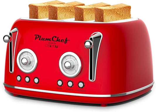 4 Slice Retro Style Toaster, Dual Control Toaster, 6 Browning Settings, Bagel/Defrost Functions, Removable Crumb Tray, Stainless Steel Housing 1650W, Red