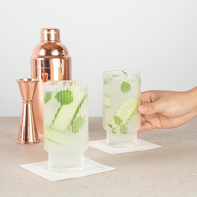 Restaurantware-Vetri 10 Ounce Highball Glasses, 24 Ribbed Drinking Glasses - No-Lead, Dishwashable, Clear Glass Tumblers For Scotch, For Drinking Liquor, Cocktail, Bourbon, Cognac, And More