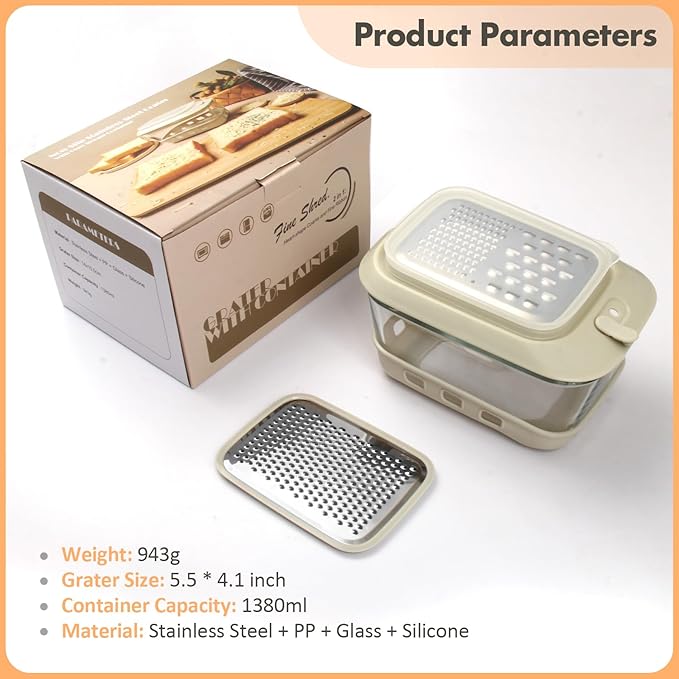 Cheese Grater with Container and Lid,Glass Food Storage Box with Silicone Sleeves,Hand Chopper Graters,for Ginger, Vegetables, Butter, Chocolate & Nutmeg,for Microwave, Dishwasher, Oven