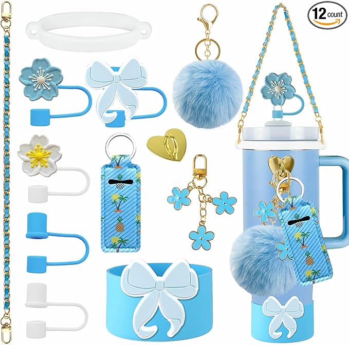 Accessories Set Including Water Bottle Handle Strap, Silicone Boot, Resin Butterfly Straw Cover, Straw Topper, Lip Balm Sleeve, Butterfly & Hairball Charms for Stanley Cup Tumbler