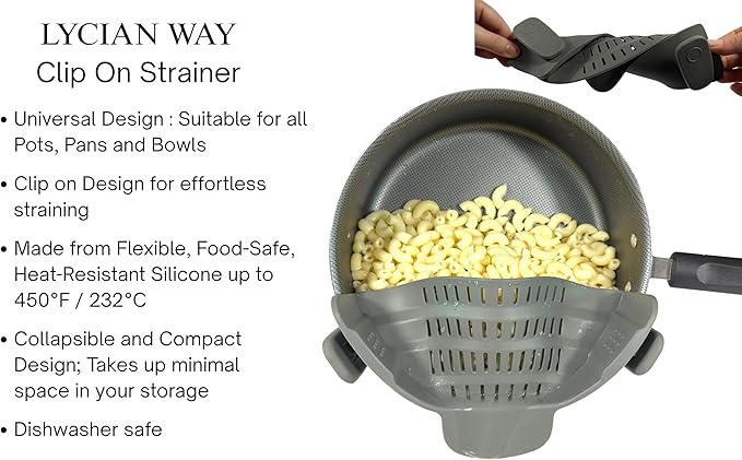 Clip on Strainer Silicone for All Pots and Pans, Colander, Pot Strainer for Pasta, Meat, Vegetables, Space Saving Design, Food-Safe with Collapsible Funnel, Garlic Peeler, 3 Pack (Gray)