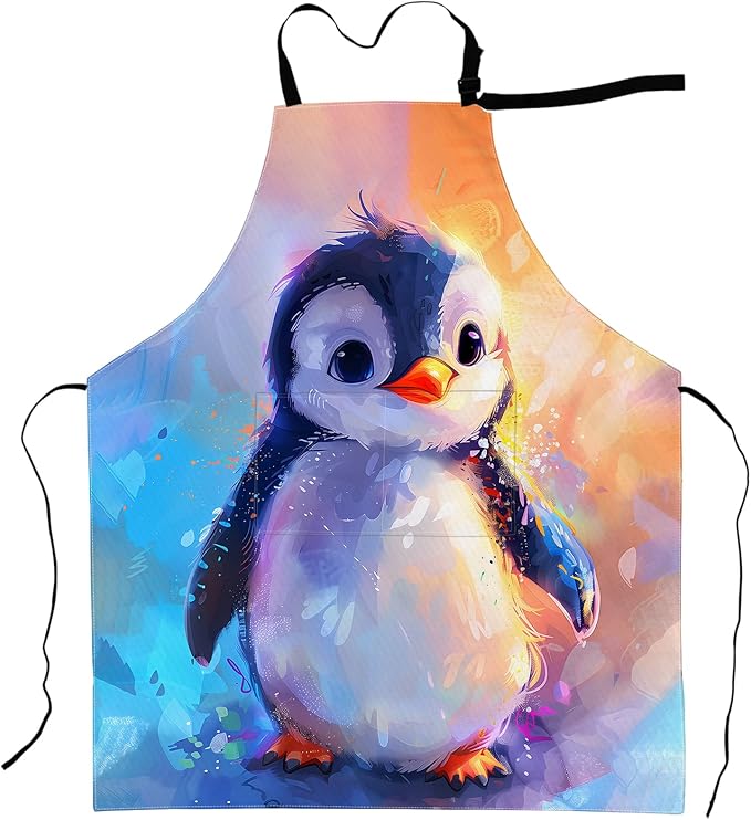 Penguin Apron Vibrant Artistic Cartoon Illustration Aprons Waterproof Oxford Polyester Adjustable Pockets Design for Cooking, Crafting, Garden Decor, for Adults, 28x33 Inch