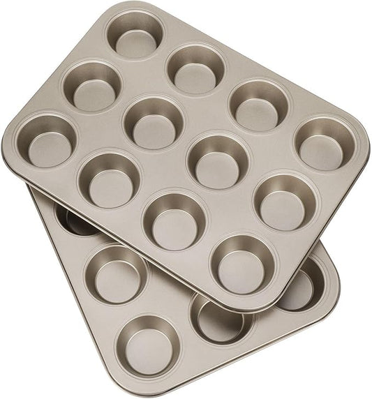 Flexzion Muffin Tray Cupcake Baking Pan 2 Pack, 12-Cup Nonstick Carbon Steel Muffin Tin Non-Stick Cupcake Tin Bakeware Accessories for Baking Brownies Snack, Fridge Safe, Champagne Gold