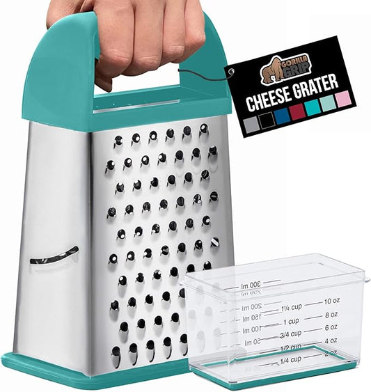 GORILLA GRIP 4-Sided Stainless Steel Cheese Grater With Container, 100% BPA-Free Box Grater, Slip Resistant Base and Handle, Grate Parmesan, Hard Cheeses, Shred Veggies, Dishwasher Safe, Turquoise