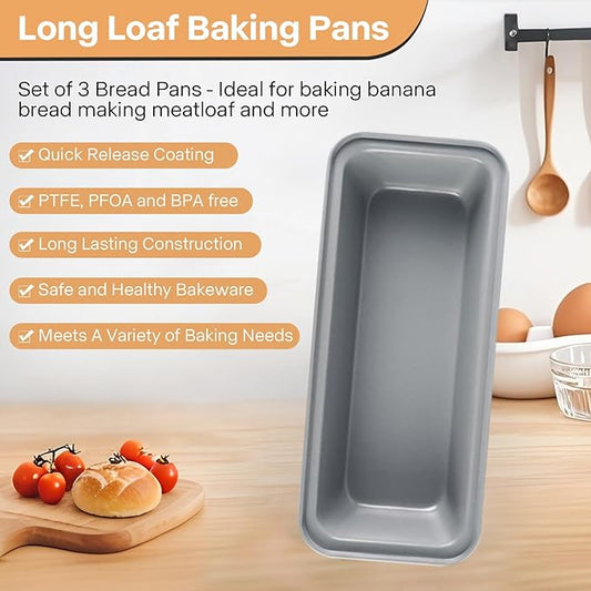 3-Pack 13×4 Inch Loaf Pan for Baking Bread, Nonstick Carbon Steel Bread Pan, Rust-Resistant & Warp-Resistant Full-Size Large Loaf Pan for Homemade Bread, Banana Loaf and Meatloaf