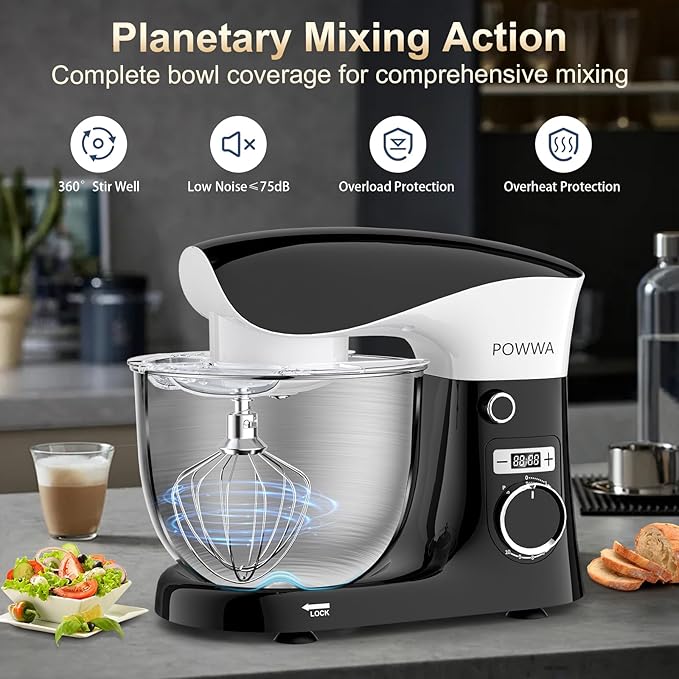 POWWA Stand Mixer, 6.5QT 10 Speeds Tilt-Head Electric Stand Mixer, 3-In-1 Kitchen Mixer with Bowl, Dough Hook, Whisk and Beater, Food Mixer for Baking and Daily Use (BLACK WHITE)