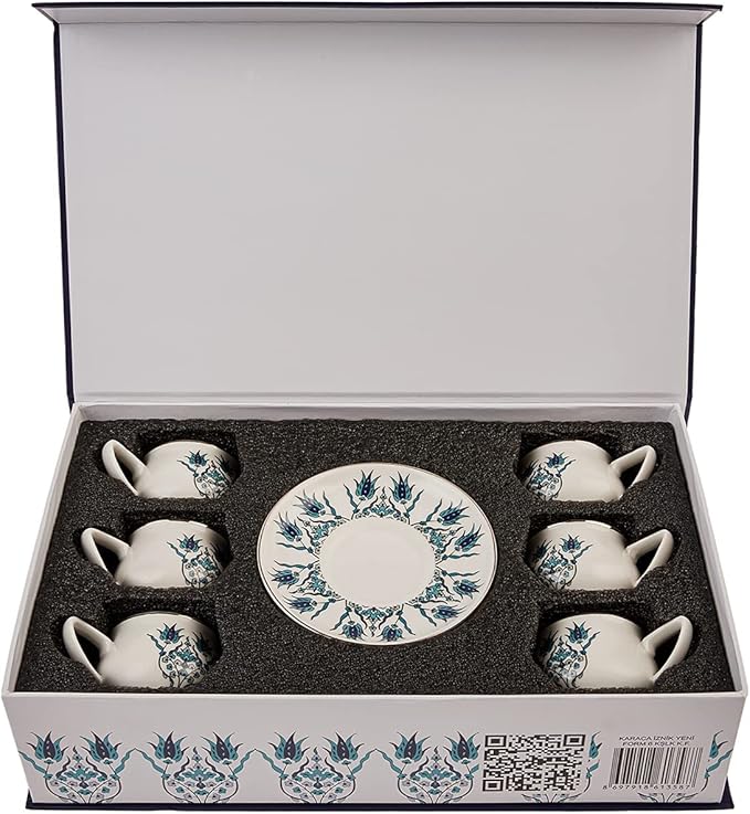KARACA Iznik New Form Turkish Coffee Cup Set of 6, (12 Piece) Cups with Saucers - 3.3 fl oz Small Porcelain Espresso Set - Ideal for Serving Greek, Arabic Coffee