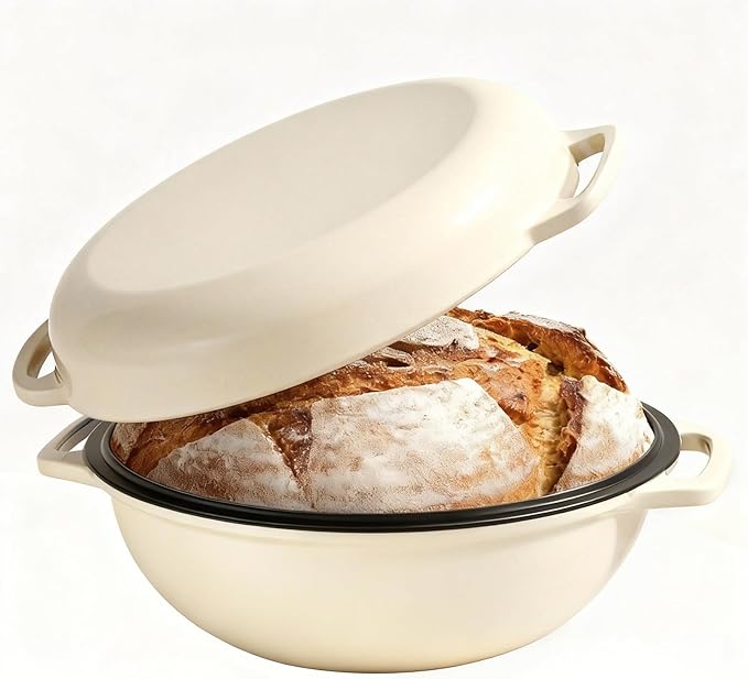 2-in-1 Multifunctional Enameled Cast Iron Dutch Oven, 6QT Loaf Pan with Dual Handles, Perfect for Baking Sourdough, Roasting, Braising & Stews, Oven & Stovetop Safe, Easy to Clean & Pre-Seasoned