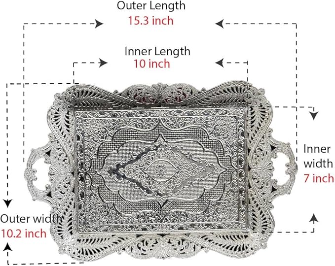Silver Metal Turkish Coffee Tea Serving Tray Table Decor Decorative Handle Rectangular Home Kitchen Brass Style Fancy Antique Silver Vintage Outdoor Wedding Rectangle Decor Unique Tray