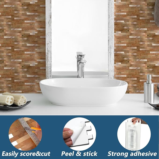 Yipscazo 10 Sheets PVC Wall Tiles Stick on Tiles for Backsplash Kitchen, Bathroom, Laundry Room, Camper, Fireplace (6'' X 12'', Copper Metal)