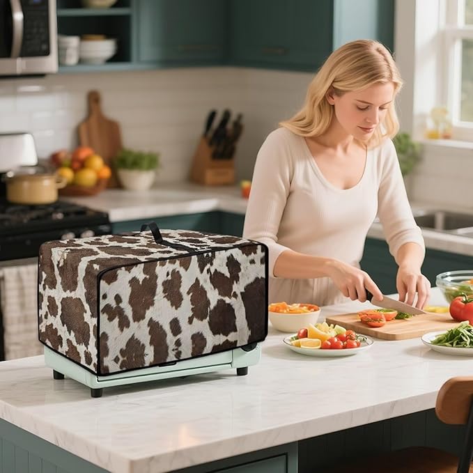 Doojoayie Brown Cow Print Toaster Oven Cover 6 Slice Bread Machine Cover Universal Fit Small Appliance Dust Protector Simple Style Kitchen Decoration