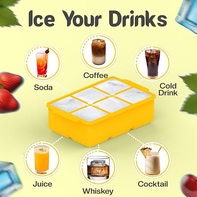 KitchFort Large Silicone Ice Cube Tray (2-Pack), Easy Release 2" Big Ice Cubes - Cocktail, Whiskey Ice Cubes Mold - Ice Trays for Freezer with Lid - Stackable Silicone Ice Tray - Mustard Yellow