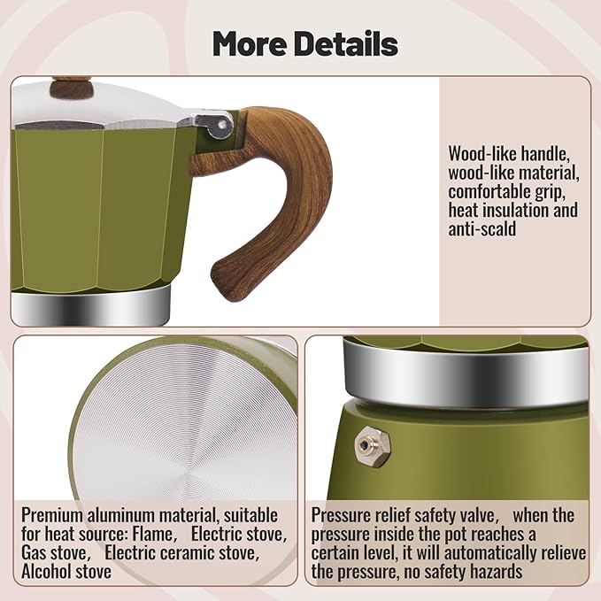 Vaolvpant 3 Cup Aluminum Moka Pot Classic Stovetop Espresso Coffee Maker 150ml 5oz Coffeemaker Percolator Mocha Pot Greca Coffee Maker Cafe Makers for Italian and Cuban Café Brewing Green