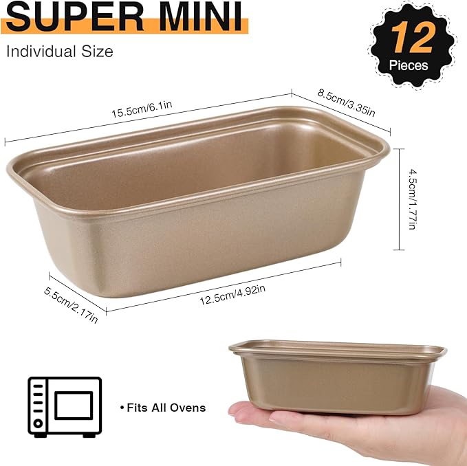 12PCS Mini Loaf Pans for Baking Bread, 6 x 3 x 2 Inches Small Banana Bread Pan Nonstick, Rectangle Carbon Steel Baking Pan for Homemade Bread Meatloaf Loaf Cake, Oven Available, Gold