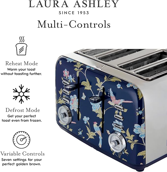 VQ Laura Ashley Elveden Navy Stainless Steel 4 Slice Toaster | Multi-Functional Bagels & Bread Toaster 4 Slice with Adjustable Heating & Defrost Mode | Featuring 4 Wide Slots, Croissant Warming Rack