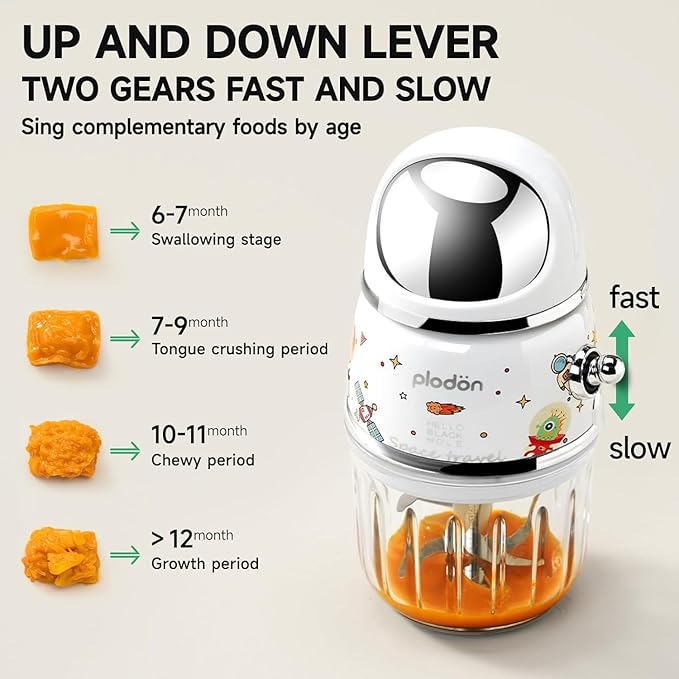 Plodon Baby Food Maker Mini Cute and Small Food Processor Puree Blender Grinder Chopper 1.2 Cup Glass Bowl with 6 Blade Electric (Spaceman-White(One Bowl))