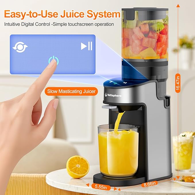Voltisphere Cold Press Juicer,400W Juicer Machines,4.9"Wide Feed Chute Slow Masticating Juicer for Whole Vegetables & Fruits,Advanced Touch Sensing Switch, (Silver Gray)