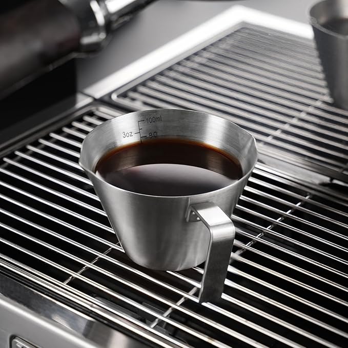 YARRAMATE 10 Pcs Stainless Steel Espresso Cups with Handle, Double Spout Metal Measuring Cup with Dual Scale, Espresso Shot cup with V-Shaped Mouth, 3.4OZ/100ML(Silver)