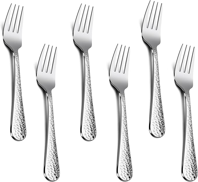 Hammered Salad Forks Set of 6, E-far Stainless Steel Appetizer Dessert Forks, Silverware Flatware Small Forks, Mirror Finish, Dishwasher Safe - 6.7 Inches