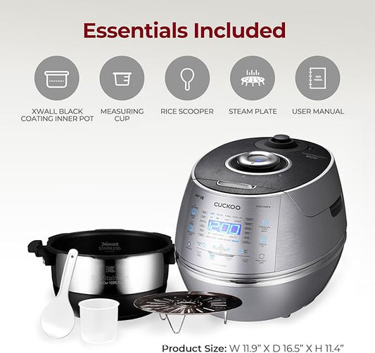 CUCKOO High Pressure Rice Cooker 10-Cup Uncooked / 20-Cup Cooked with Induction Heating Technology, Large Rice Maker with 17 Menu Options and Steam Plate, Voice Guide, Silver (CRP-CHSS1009FN)