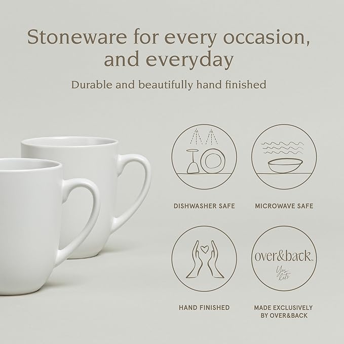 over&back Coupe Stoneware Coffee Mugs - 4-Piece Mug Set - Enjoy the Perfect Cup of Coffee, Tea, Latte, and More - Semi-Matte White - 15 Oz