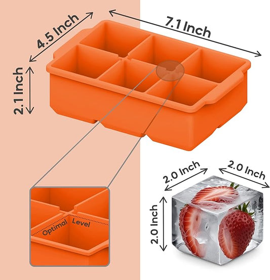 KitchFort Large Silicone Ice Cube Tray (2-Pack), Easy Release 2" Big Ice Cubes - Cocktail, Whiskey Ice Cubes Mold - Ice Trays for Freezer with Lid - Stackable Silicone Ice Tray - Orange