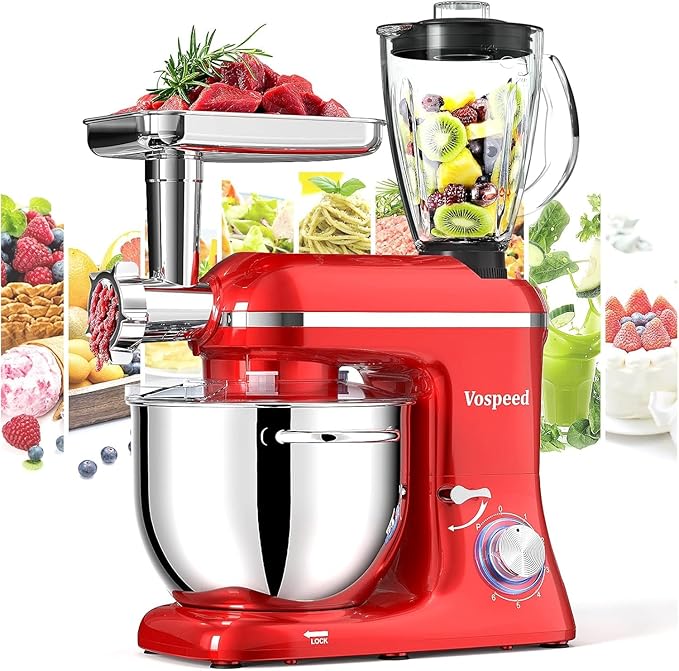 Stand Mixer 9 IN 1, 850W Tilt-Head Multifunctional Electric Mixer with 8 QT Stainless Steel Bowl, 1.5L Glass Jar, Meat Grinder, Hook, Whisk, Beater Dishwasher Safe (Red)