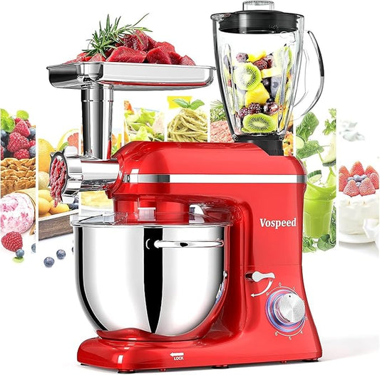 Stand Mixer 9 IN 1, 850W Tilt-Head Multifunctional Electric Mixer with 8 QT Stainless Steel Bowl, 1.5L Glass Jar, Meat Grinder, Hook, Whisk, Beater Dishwasher Safe (Red)