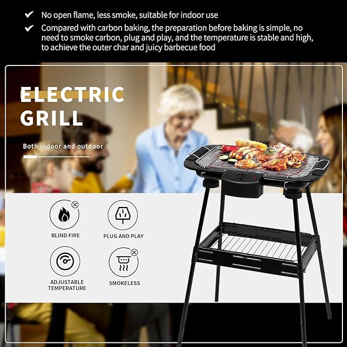 Electric Grill Outdoor Indoor Cooking,Smokeless BBQ,Portable Removeable Stand Grill, (YD301 Upgrade)