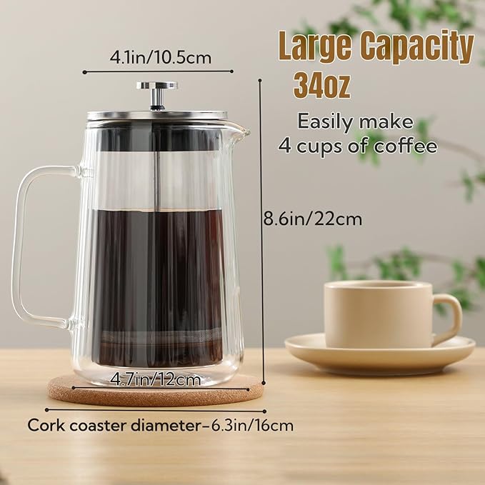 CHDEXU Glass French Press Coffee Maker 34oz, Double Wall Heat-Resistant Borosilicate Glass Coffee Press with Stainless Steel 4-Level Filtration, Also Fit for Tea