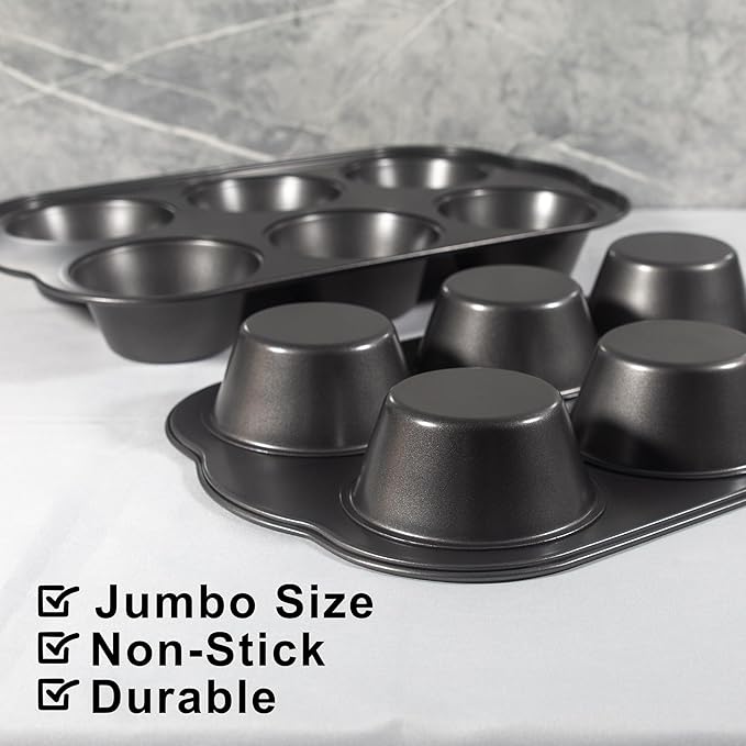 Bakexcel Non-Stick Jumbo Muffin Pans, 3.5" 6-Cup Set of 2 Baking Pans, Heavy Duty Carbon Steel Tins for Extra-large Muffins & Cupcakes