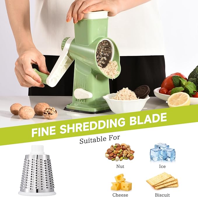 Rotary Cheese Grater with Handle Kitchen Shredder Slicer Grater Slicer Ice Shaver Cheese Vegetable Nuts Potato Zucchini Chocolate 3 Interchangeable Blades (Green)