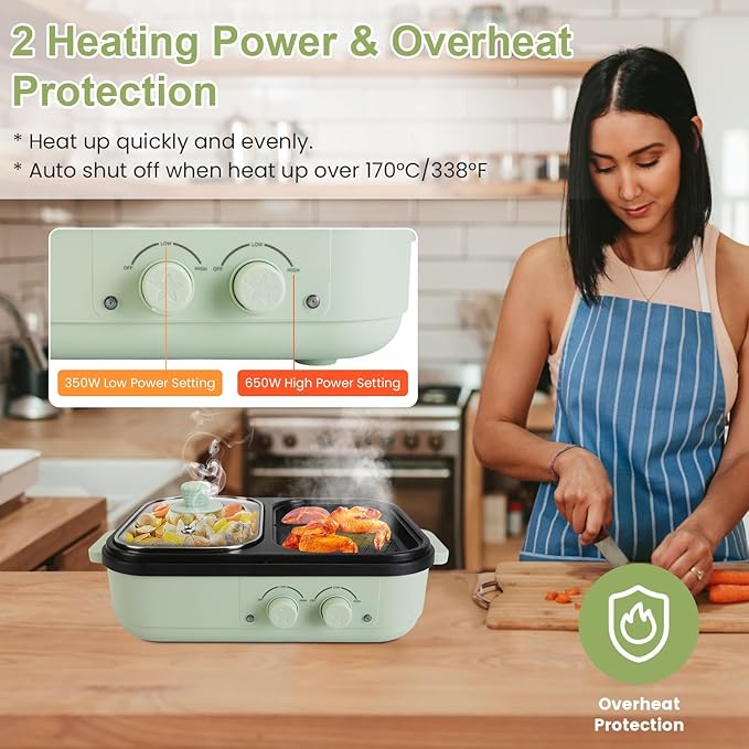 iMounTEK Electric Hot Pot with Grill 2-IN-1 Hot Pot and Frying Pan Portable Non-Stick Pot and Griddle Electric Cooker Pot with Glass Lid Fast Heating BBQ Steaks Noodles for 1-2 People Party