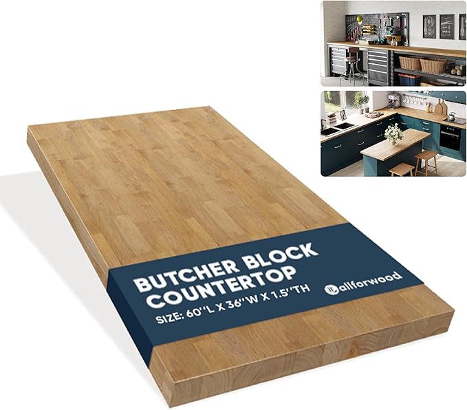 60''L x 36''W x 1.5''Th Hevea Light Brown Premium Solid Wood Butcher Block Countertop, Butcher Block Table Top for DIY Washer Dryer/Island/Kitchen Countertop (Finished)