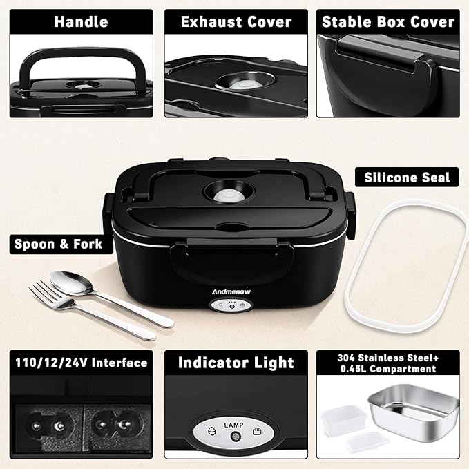 Electric Lunch Box 80W Food Heater with Dual Container, Portable Lunch Warmer for Adults, Upgraded Heated Lunch Box for Car/Truck/Office,110/24/12V 1.5L