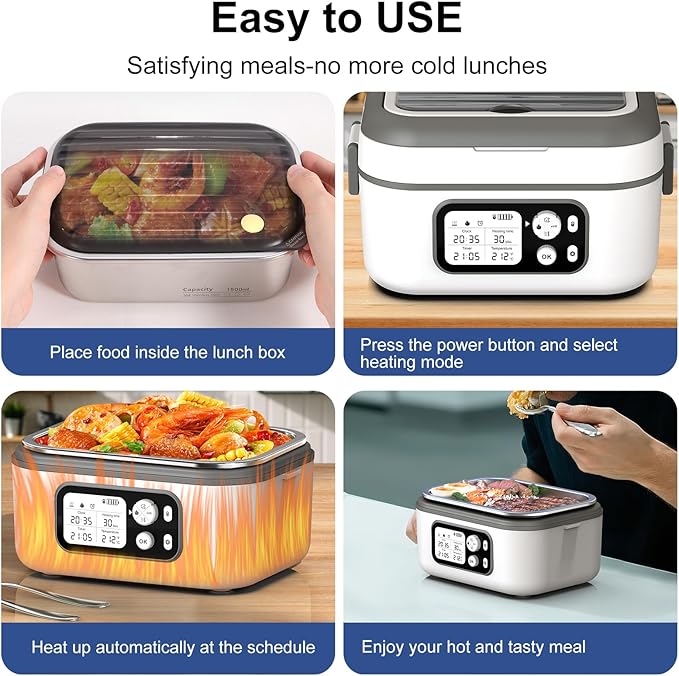 Cordless Electric Heated Lunch Box, 1.5L 6.3Cups 24000mAh Rechargeable Battery Self-Heating Lunch Box, Smart Timer, Even Heating, 100W Portable Food Warmer for Office, Picnic, Car, Outdoor