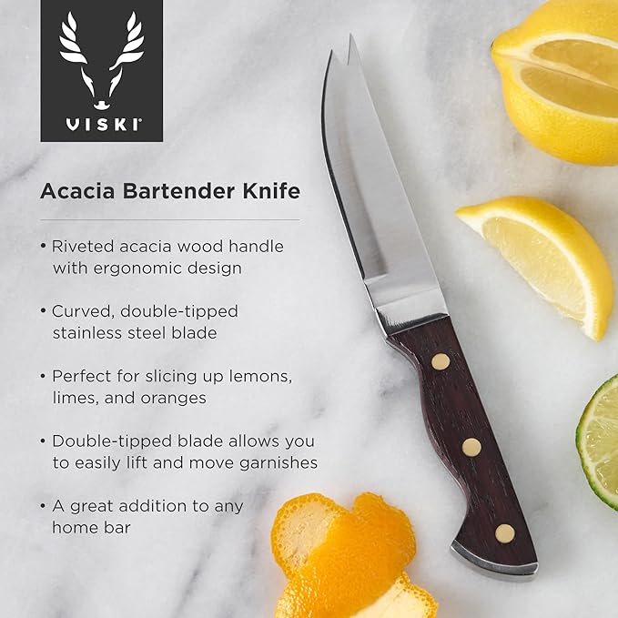 Viski Bartender Knife, 7 Inch Knife, Acacia Wood Handle, Double Tipped Stainless Steel Blade, Bar Knife, Riveted Base, Set of 1