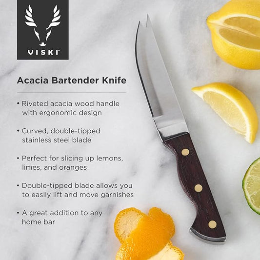 Viski Bartender Knife, 7 Inch Knife, Acacia Wood Handle, Double Tipped Stainless Steel Blade, Bar Knife, Riveted Base, Set of 1