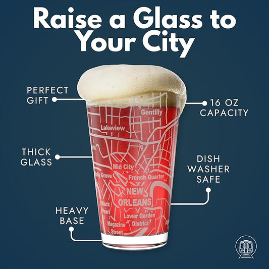 Greenline Goods – New Orleans, LA Map Pint Beer Glasses (Set of 2), 16 oz – Etched Wrap Design
