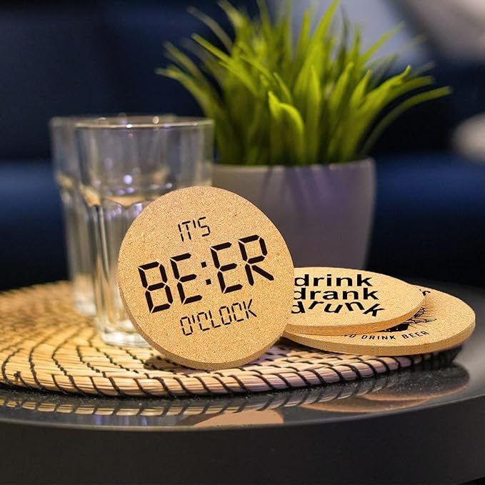Coasters for Drinks with Holder Set of 6, Absorbent Cork Wood Coaster for Cup Desk Office Table Kitchen Decor House Warming Gifts for New Home Couples, Round 4"